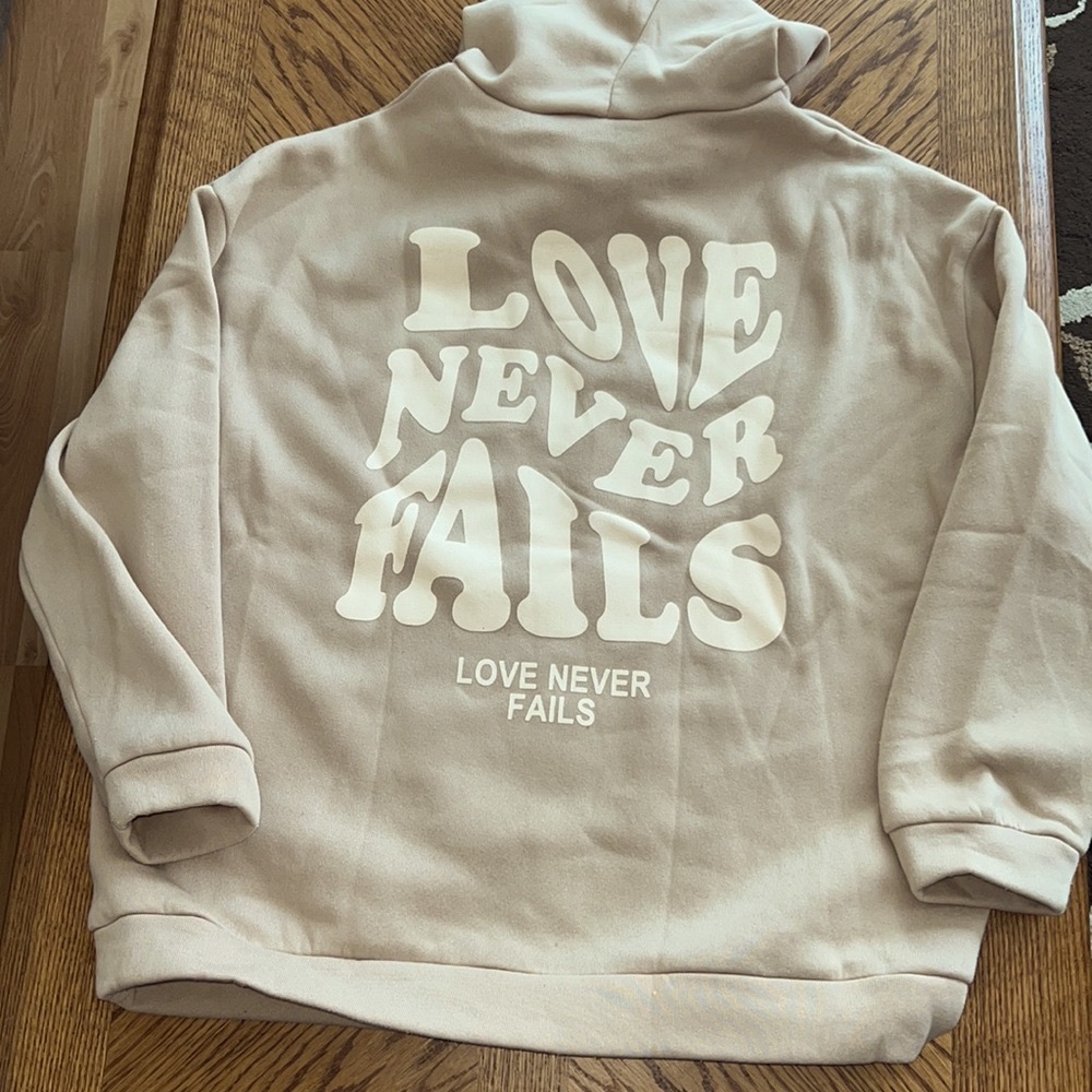 Shein Beige oversized Hoodie - Size Medium. “Love never fails”